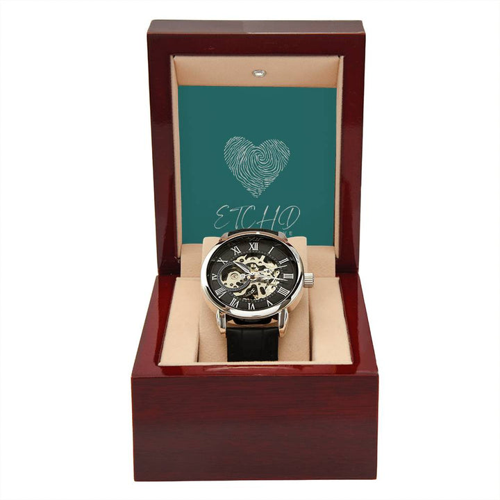 Men's openwork watch with mahogany style box