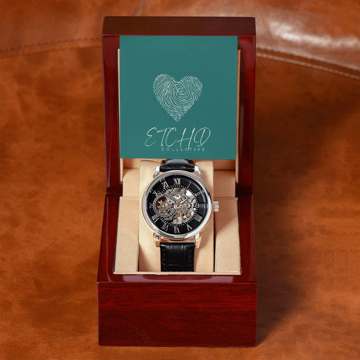Men's openwork watch with mahogany style box