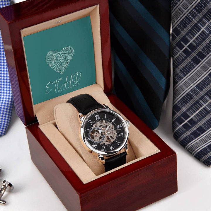 Men's openwork watch with mahogany style box